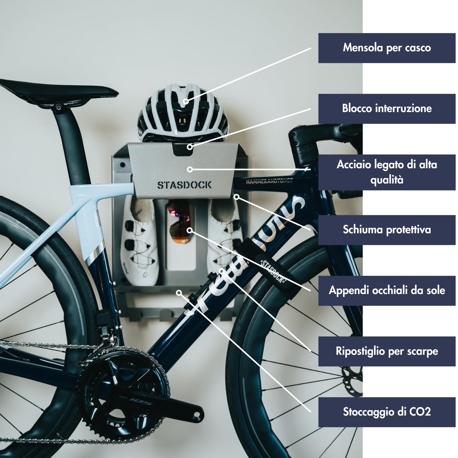 Stasdock Supporto Bici da Muro con Mensola e Accessori - Portabici da Parete per Garage