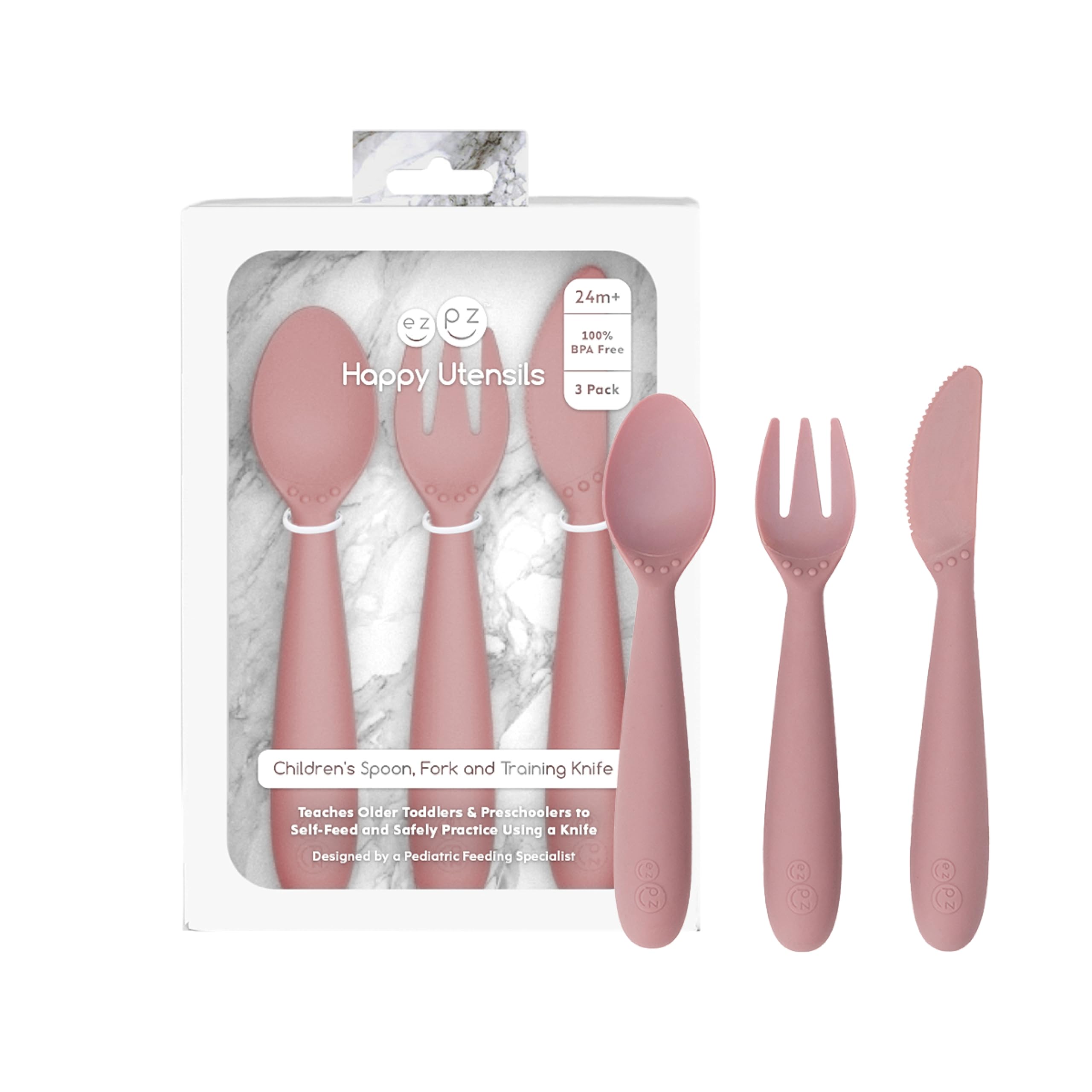 ezpz Happy Utensils (Blush) - 24 Months+ - BPA Free Toddler Utensils - Fork, Spoon and Knife for Toddlers and Preschoolers - Kids for Self-Feeding