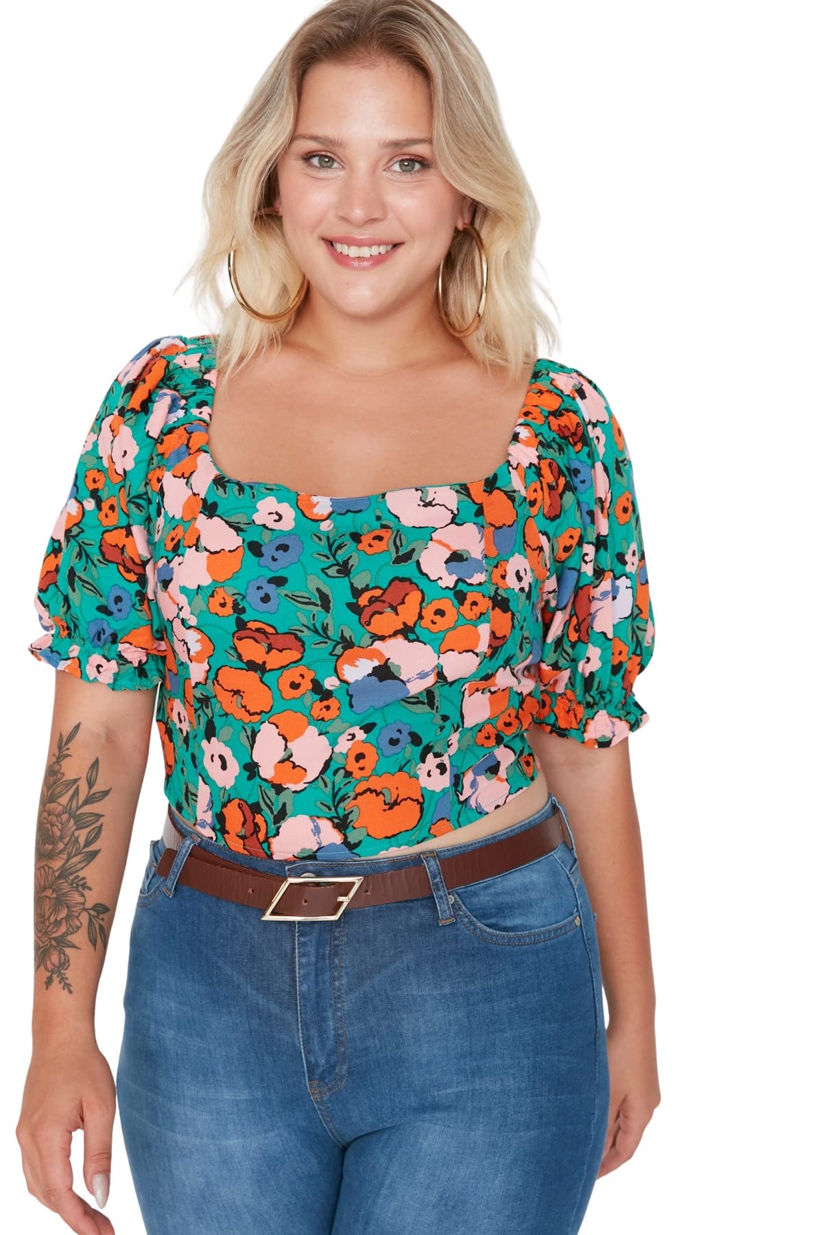 Trendyol Damen Merhfarbig Woman Regular Standard Square Collar Woven Plus Size Blouse Hemd, Multi-Color, 46