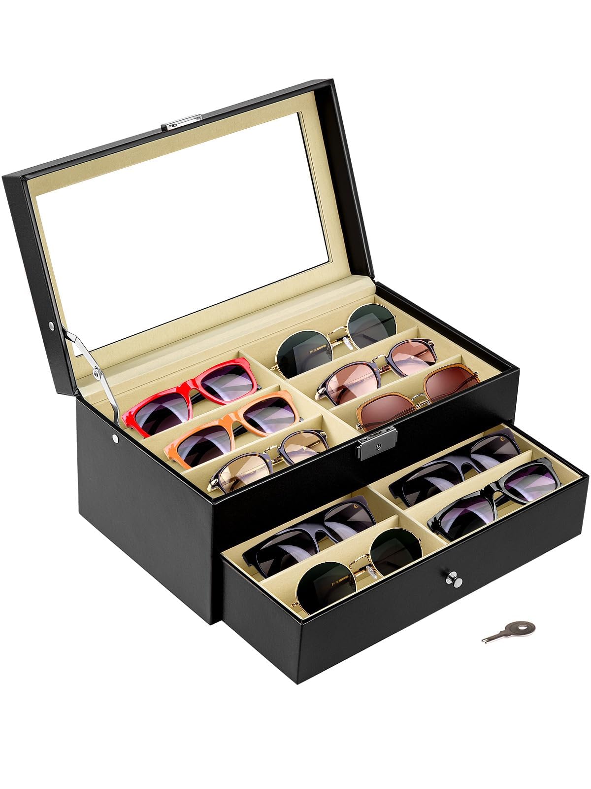 KingSaid Caja Organizadora de Gafas con Tapa de Cristal y Cajones – Estuche Expositor de Gafas de Sol y Joyas, Cuero Sintético Premium, Gran Capacidad, para Hombre y Mujer (Una planta) — view 6