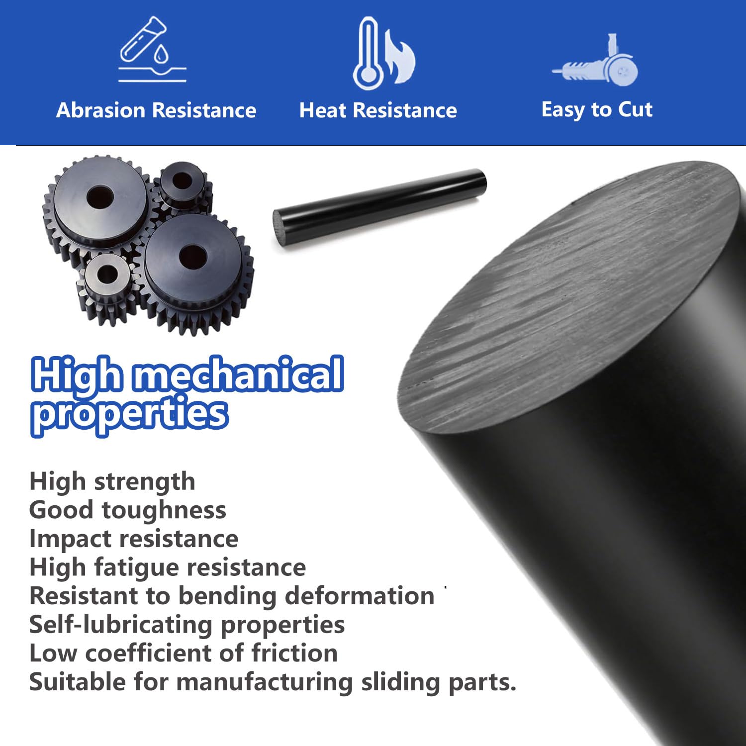 Tiges en nylon PA6 noires, paquet de 2 barres en plastique d'ingénierie robustes de 50 cm Ø35–65mm for le tournage CNC, l'usinage et les projets de bricolage industriel(60mm)