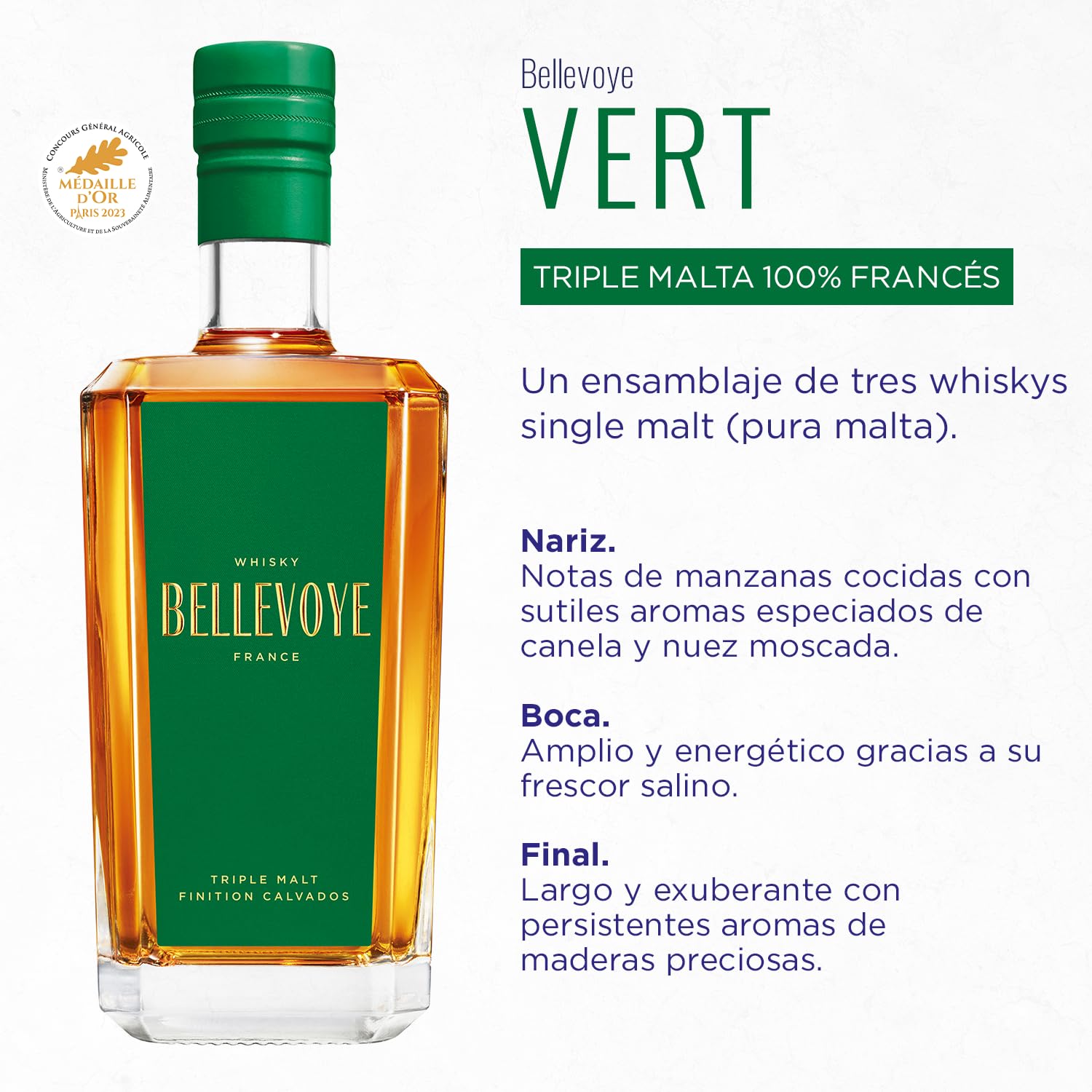 BELLEVOYE - Whisky Triple Malt - Whisky Francés Bellevoye Vert - Medalla de Oro en el Concurso Agrícola de París 2022 & 2023-43% De Alcohol - 100% Origen Francia - 700 ml