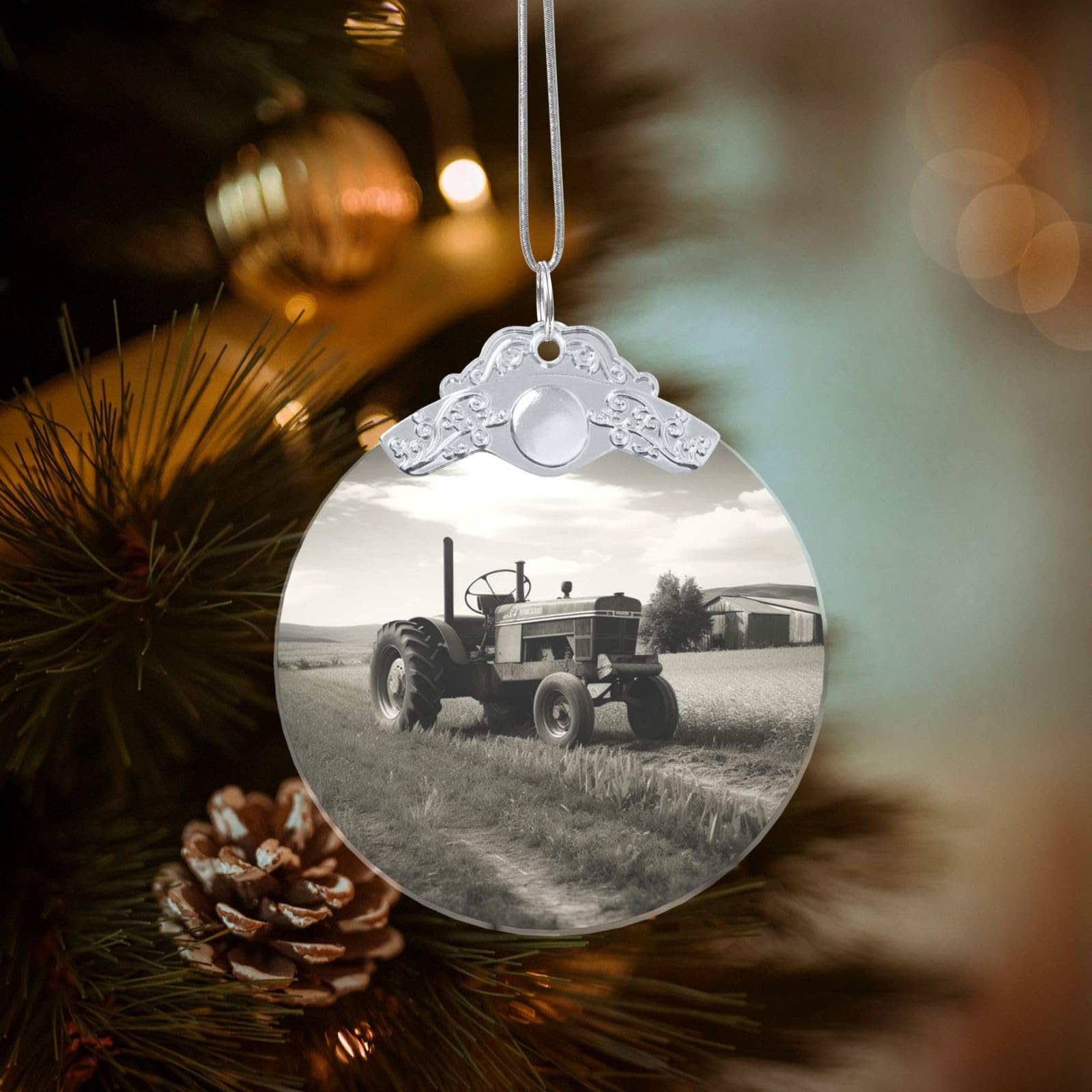 Tractor Agriculture Tranquil Christmas Ornament 2025, Round Glass Xmas Hanging Pendant for Xmas Tree Decoration,Cute Holiday Hanging Decorations Keepsake for New Year Family Party Wedding Decor