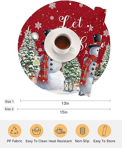 Miniatura 7 de Paquete de 2 manteles individuales redondos trenzados, diseño de árbol de Navidad, copo de nieve, muñeco de nieve, rojo, 15 pulgadas, lavables,