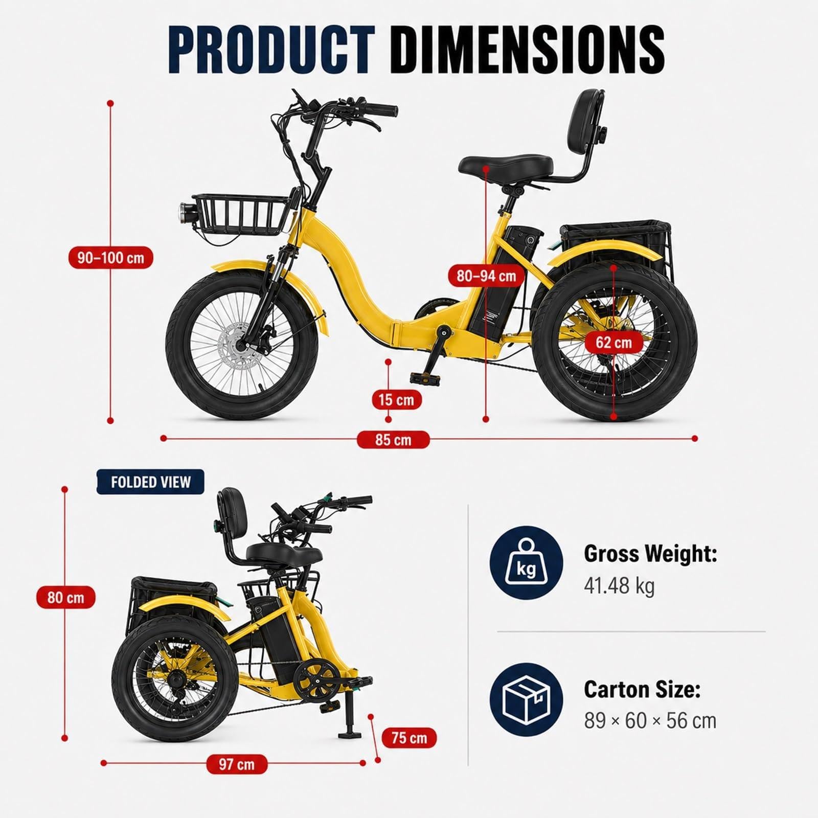 Triciclo Elettrico Pieghevole Per Adulti, Modello Con Ruote Fat Da 18″, 3 Modalità Di Guida, Batteria Da 48V 13Ah (Autonomia Di 44km) E Doppio Sist-ema Frenante, Per Gite E Commissioni Blue