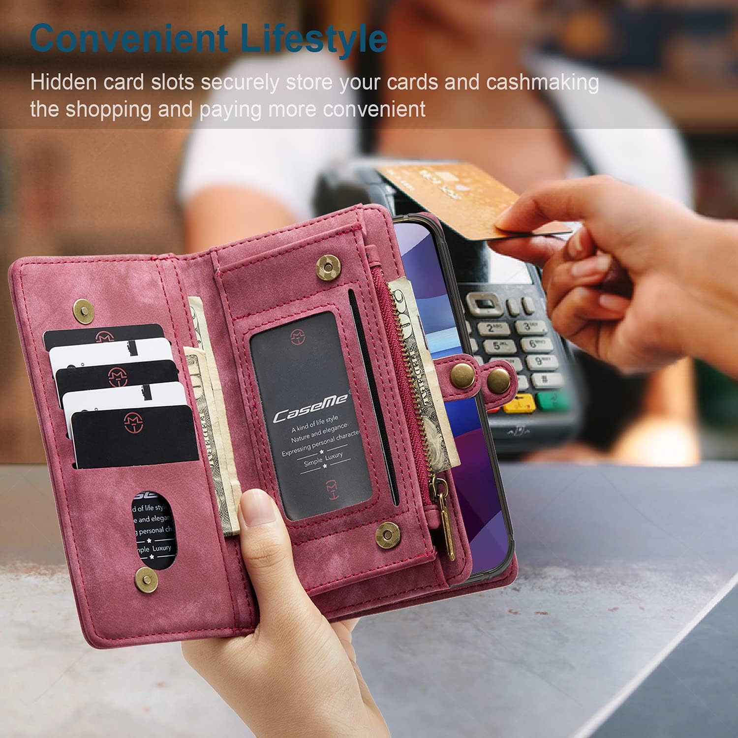Simicoo Moto G Stylus 2021 Detachable Wallet Zipper Leather Case 11 Card Slots Holder Moto G Stylus 2021 Flip Detachable Magnetic case Handle Wrist Strap Shockproof Pocket Handbag for Man Woman (Red)