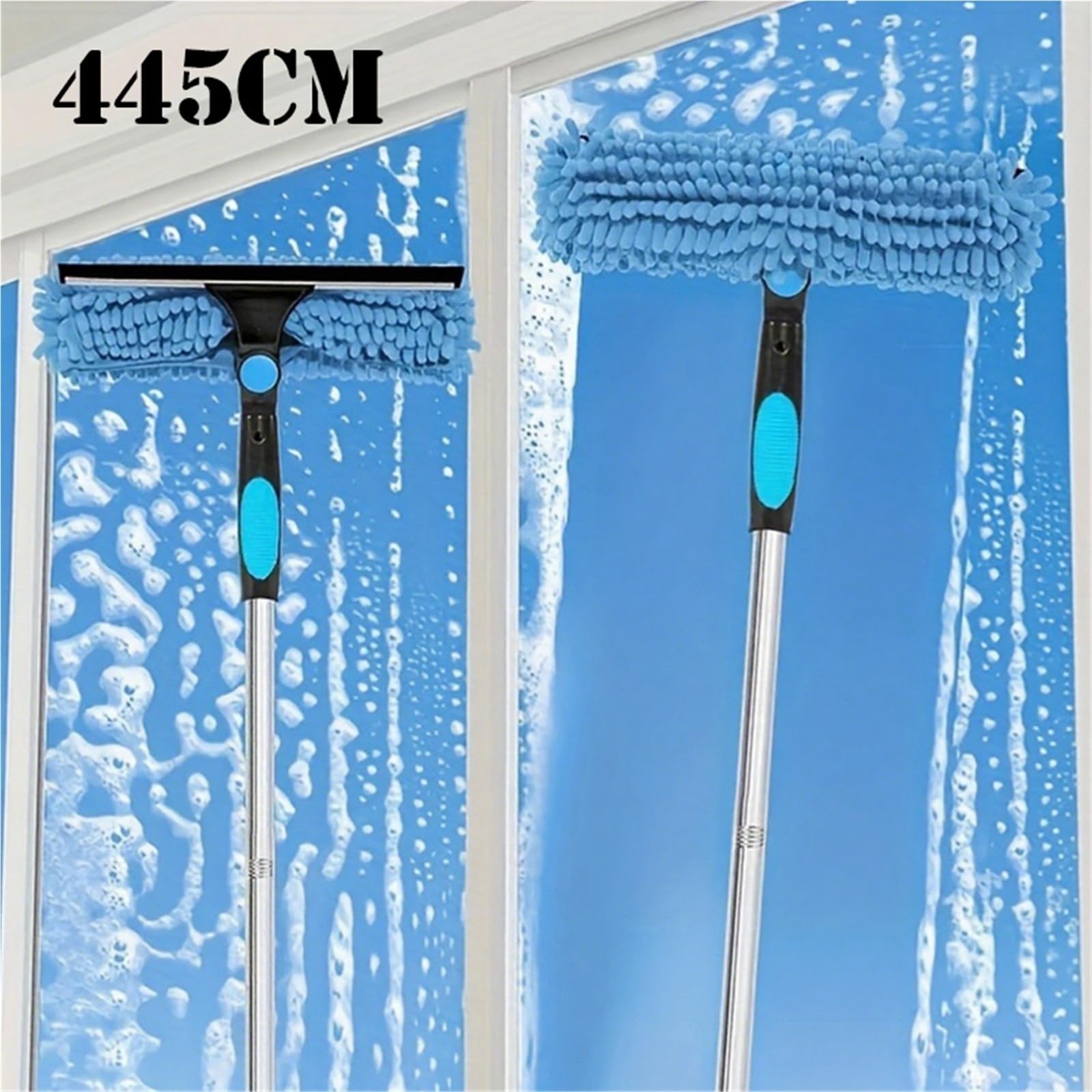 Duschabzieher Für Glastüren 4 Meter 2-in-1-Fensterreinigungsbürste, Rakel-Set, ausziehbarer Griff, robuster Edelstahl, hohe Reichweite, for den Außenbereich, Glas(445cm Grey)