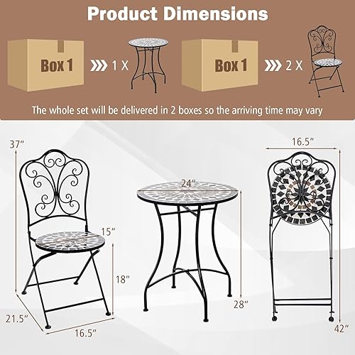 Miniatura 6 de Giantex Juego de 2 mesas y sillas de bistró, mesa de patio de mosaico de 3 piezas con sillas plegables, marco de acero, juego de muebles de patio