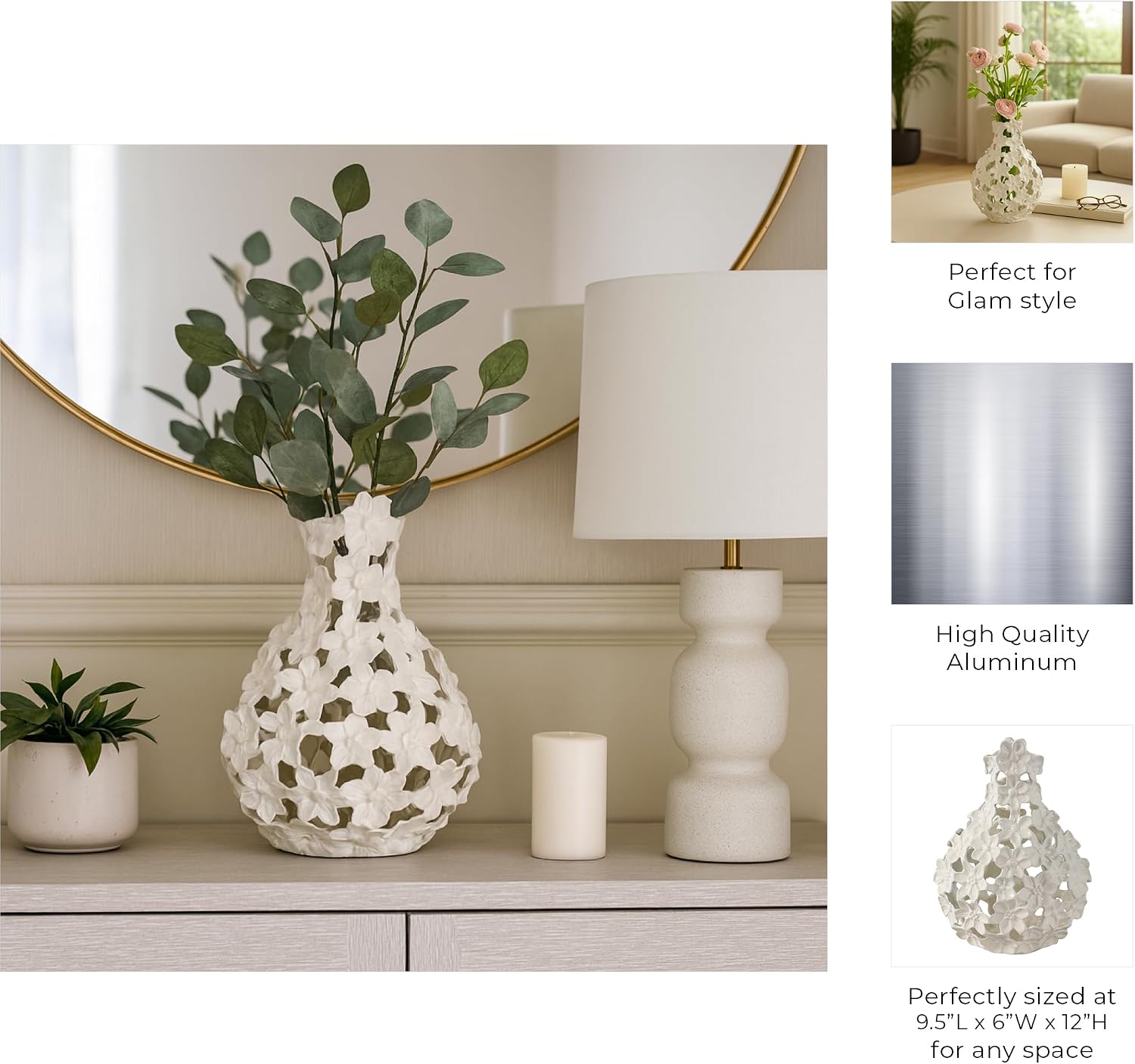 Flower Vase for Living Room Decor – Sleek Metal Vase with Intricate Sculpted Floral Pattern Ideal for Home and Office Decor – A Vase That Blooms All Year for Your Bedroom, Table, and Shelf – 15" Ivory