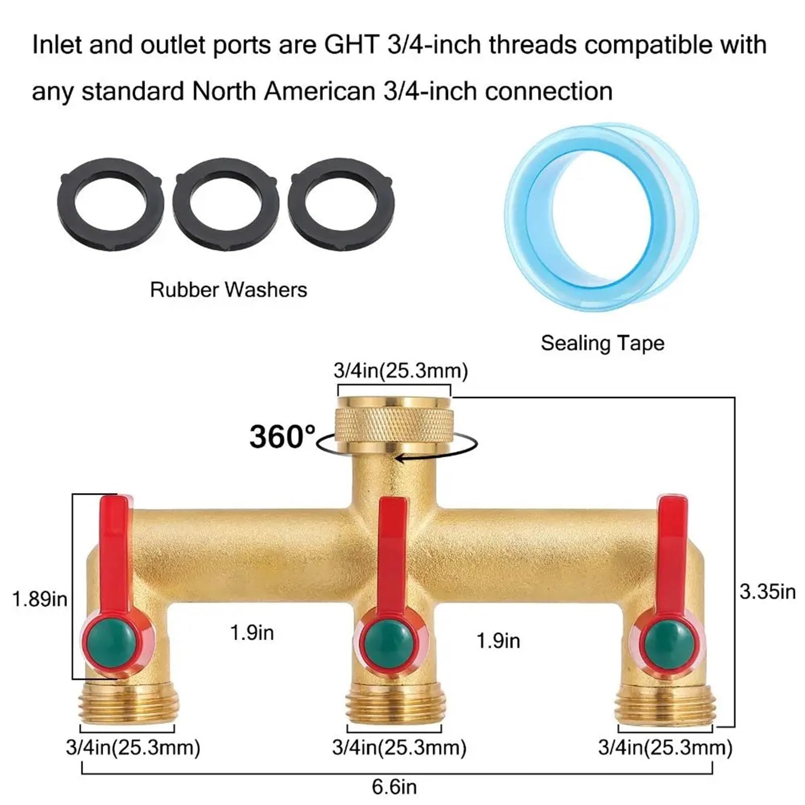 Splitter a Y in Ottone in Acciaio Inossidabile 304 | Tubo da giardino dorato sdoppiatore a Y da 3/4 pollici a 3 vie(Splitter-3)