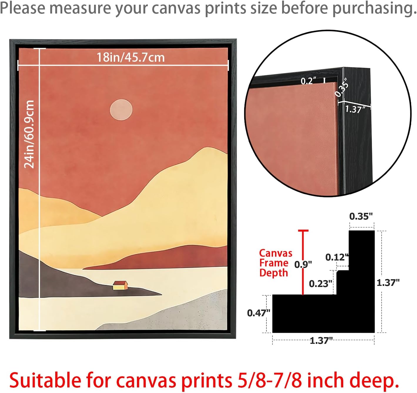 LTYHHK Floating Frame for 18x24 Inch Canvas Prints, 5/8-7/8” Deep Floater Frames for Canvas Paintings, Floating frame for Oil Prints, Diamond Painting,Paint by Numbers (LB1824)