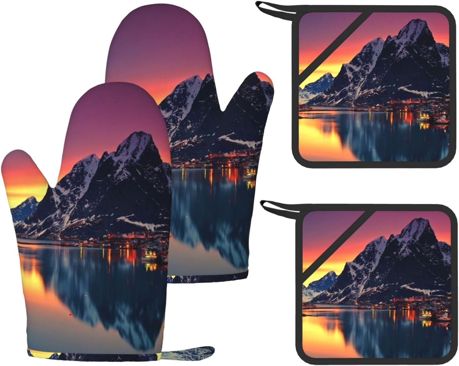 Norway Islands Oven Mitts and Pot Holders Set of 4 Heat Resistant Kitchen Gloves with Silicone Palm Hot Pads for Baking Cooking Grilling BBQ