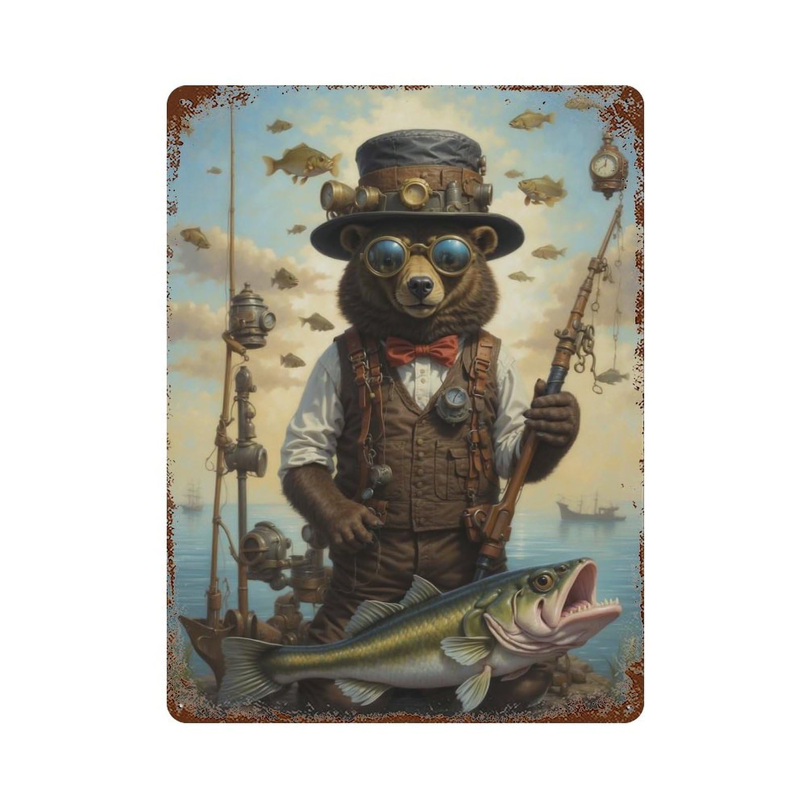 Rust Effect Steampunk Bear Fishing Weathered Tin Sign 15.7"x11.8", Classic Wall Plaque for Living Room, Hallway And Home Decor