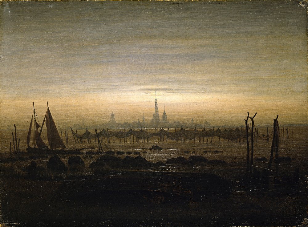 Lámina Greifswald in Moonlight de Friedrich pequeña en marco marrón para salones