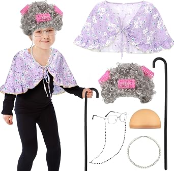 Berlune 7 Pcs 100 Days of School Grandma Costume Old Lady Costume Print Shawl Granny Wig Crutch Necklace