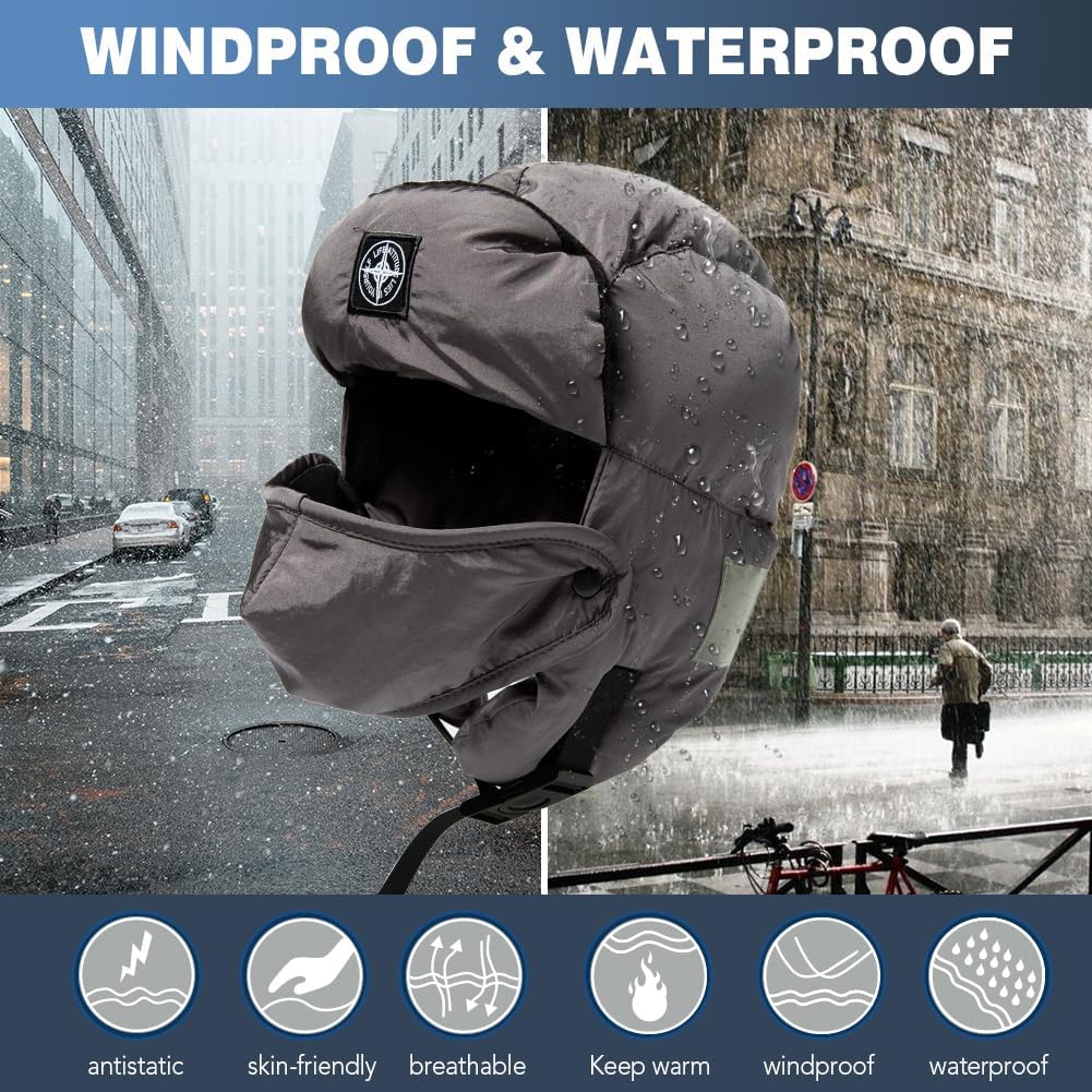 TOP-EX Winter Waterproof Trapper Hat for Men Women with Ear Flaps & Fleece Lined Mask Warm Trooper Hats Reflective Strips