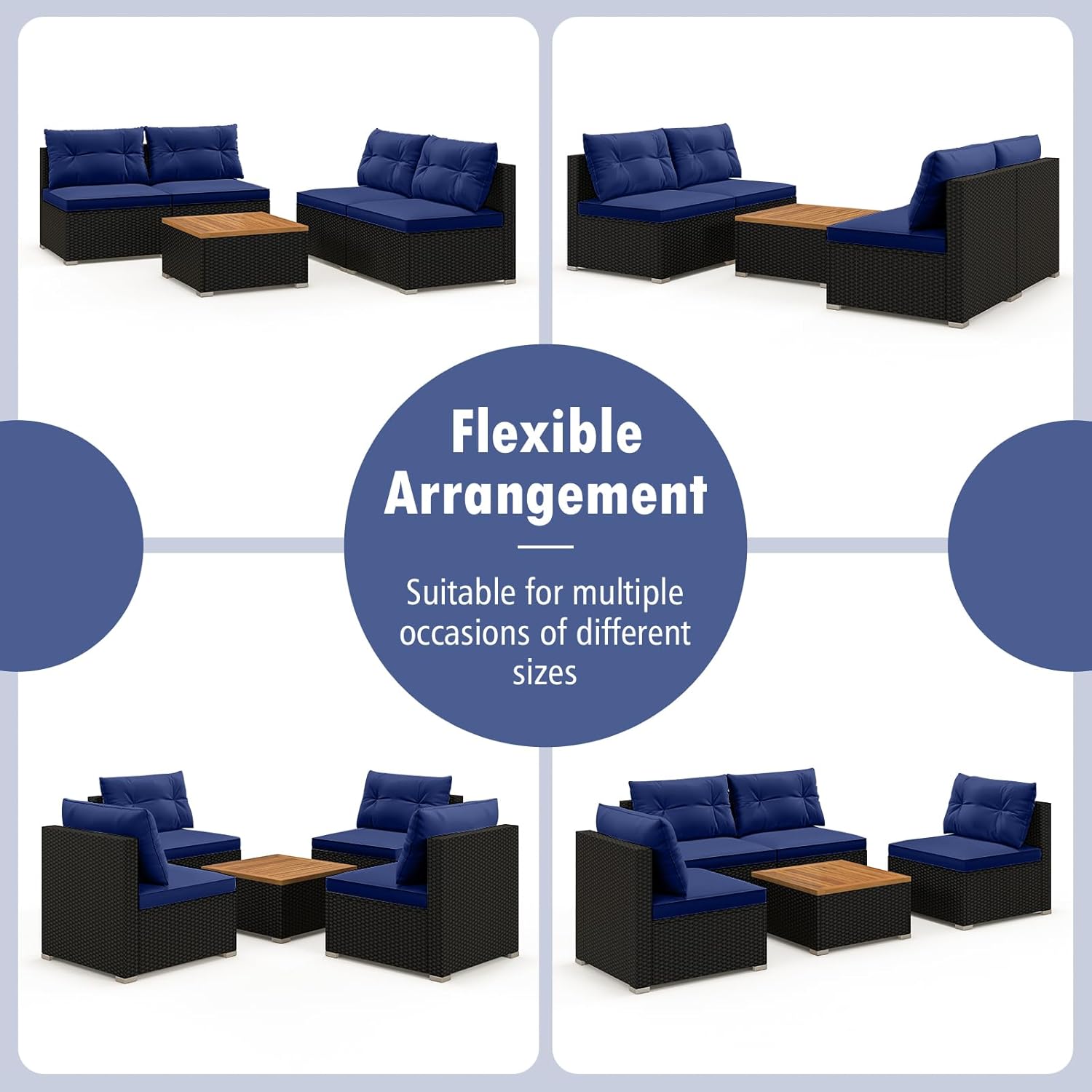 Tangkula 5 Piece Rattan Sofa Set, Outdoor Wicker Furniture Set w/Seat & Back Cushions, Square Coffee Table, Patio Sofa Set for Backyard, Poolside (Navy)