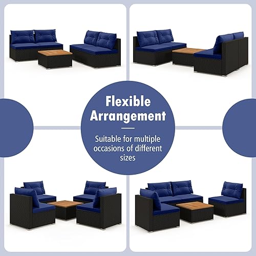 Miniatura 5 de Tangkula Juego de sofá de ratán de 5 piezas, juego de muebles de mimbre para exteriores con cojines de asiento y respaldo, mesa auxiliar cuadrada,