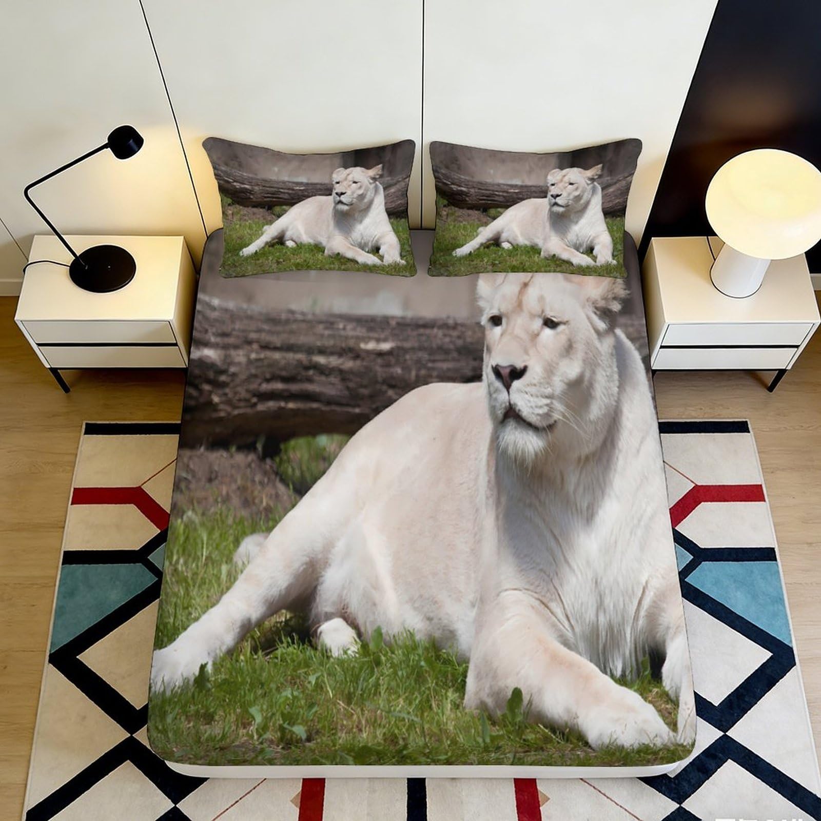 3D Printed White Lion Fitted Sheet Microfiber Soft Breathable Wild Safari Bed Cover for Bedroom Guest Room Decor 90x200x25cm