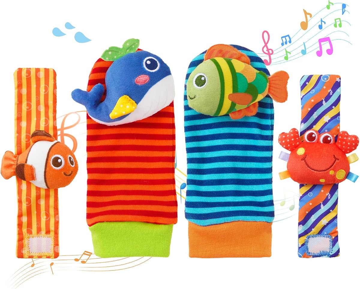 Baby rattles 0-6 Months, Cute Soft Newborn Wrist Rattle Foot Finder Socks Set,Infant Newborn Sensory Toy for 0 3 6 9 12 Months Boys Girls Gift (Ocean)