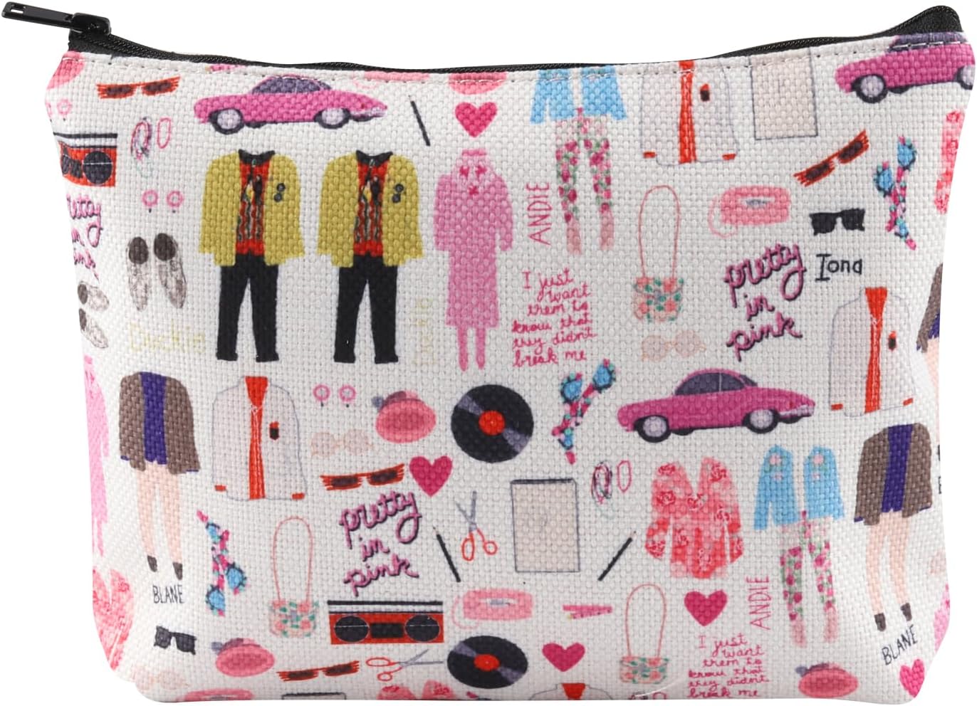 G2TUPPretty in Pink Make Up Cosmetic Bag Duckie Dale Shoes Zip Organizer 80s Movie Lover Gift (Pretty Pink Cosmetic Bag)