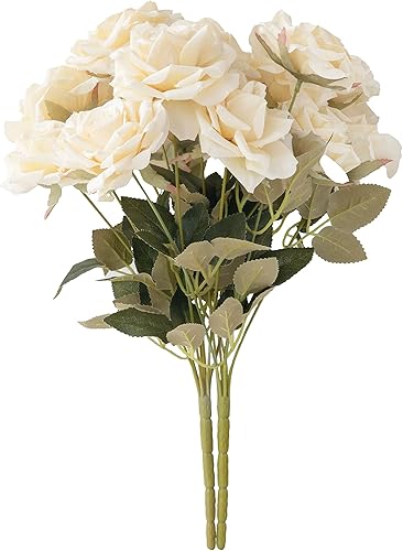 Juego de flores de seda con flores sintéticas, 14 cabezas de tallo largo, rosas de seda de tacto real en dos ramas para decoración del hogar,