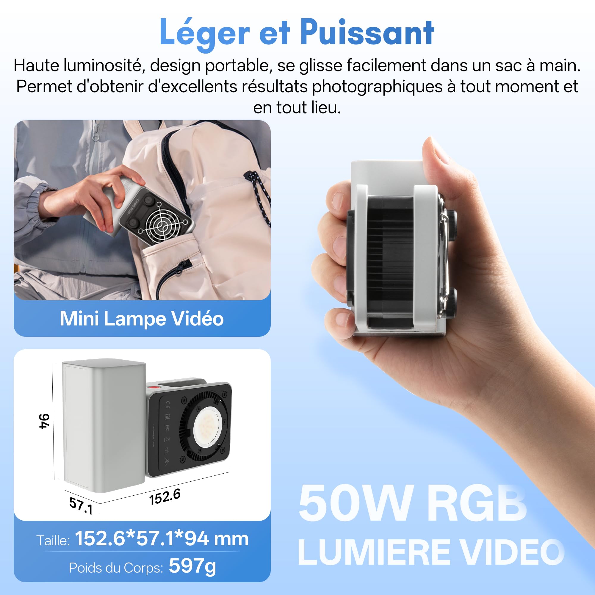 Lumiere Video RGB, ZHIYUN CINEPEER CX50 RGB 50W Lampe Video LED avec Contrôle APP, Batterie 4500mAh,Prend Charge Rapide PD, 2700-6500K/CRI≈95/TLCI≈96/18Effets Lumiere pour Vidéo/Photo/Caméra