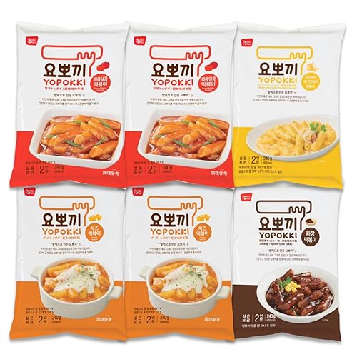 Yopokki Instant Tteokbokki Pack Set (6 Packs - 2 Sweet Mild Spicy, 2 Cheese, 1 Onion Butter, 1 Jjajang) Korean Street Food with Various Flavored Sauces - Quick & Easy to Prepare - Variety Pack - Pack of 6