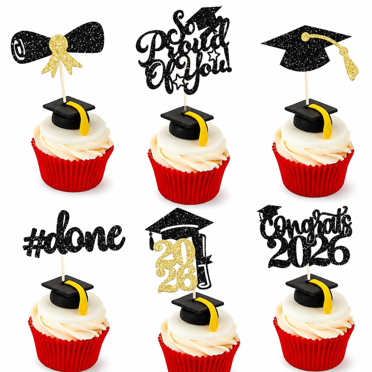 24Pcs Gold Graduation Cupcake Toppers 2026, Congrats Class of 2026 Cake Picks, Glitter Graduation Cap and Diploma Toppers for University High School Master Ph.D. Graduation Party Decorations