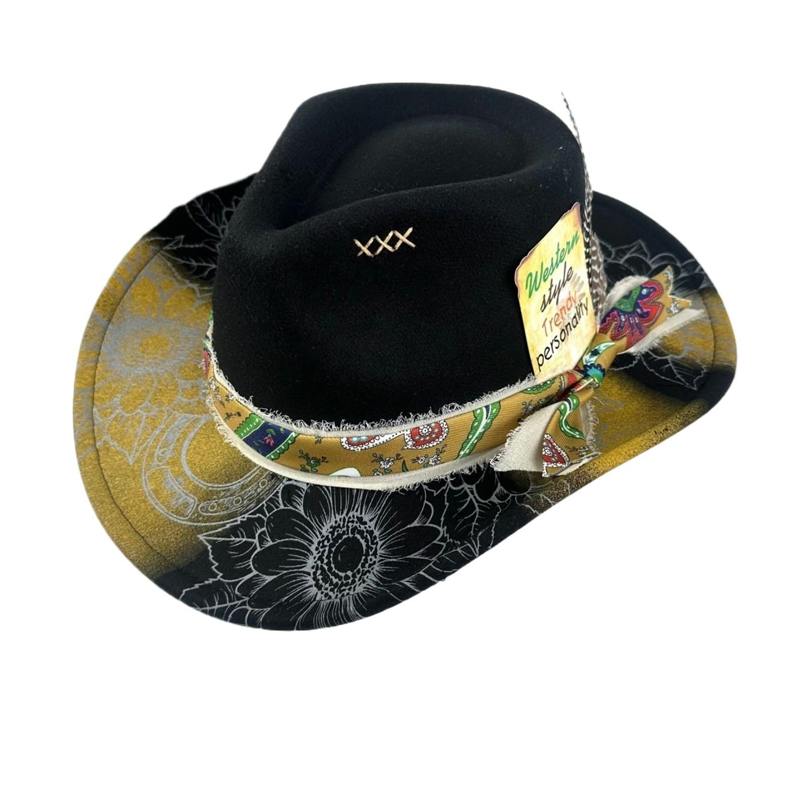Cappello da Cowboy da Donna con Vernice Spray Sfumata, Tesa Larga con Piuma e Nastro, Feltro Morbido per Matrimoni e Feste