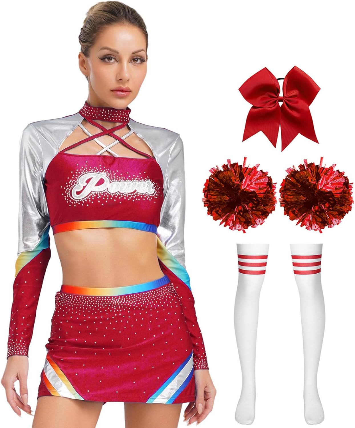 easyforever Womens Cheerleading Uniform 5 Piece Outfits Crop Top with Skirt Hair Tie Stockings