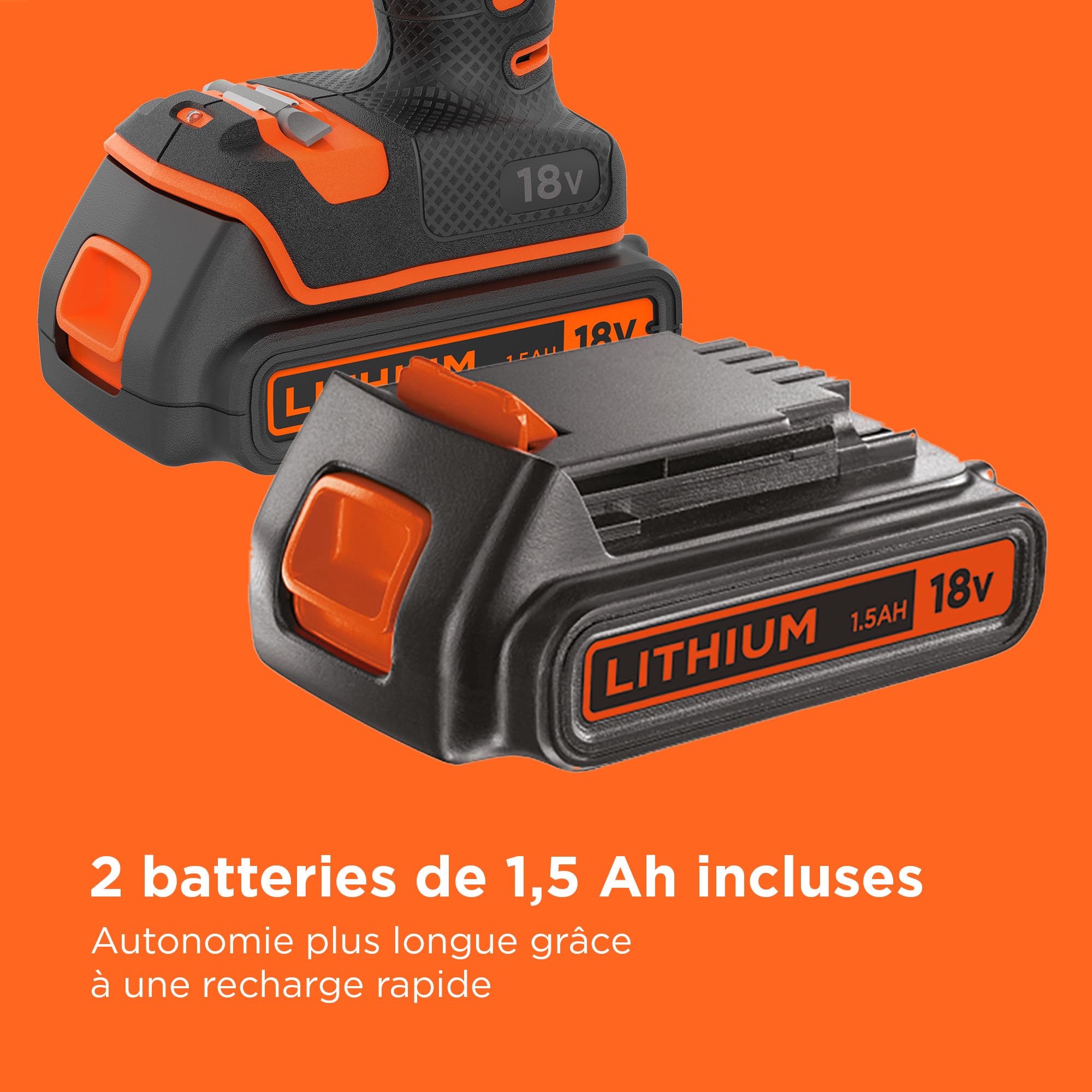 BLACK+DECKER Marteau perforateur sans fil 18V sans balais à 2 vitesses, 28,000 BPM, 52Nm de couple, livré avec 2 batteries de 1.5Ah, chargeur et Kitbox, BL188KB-QW