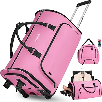 DEVPNR Rolling Garment Bags for Travel 59L, Pink | Rolling Duffle Bag with Wheels, Shoe Compartment for Men & Women, 3 in 1 Carry on Convertible Travel Garment Bag with Wheels