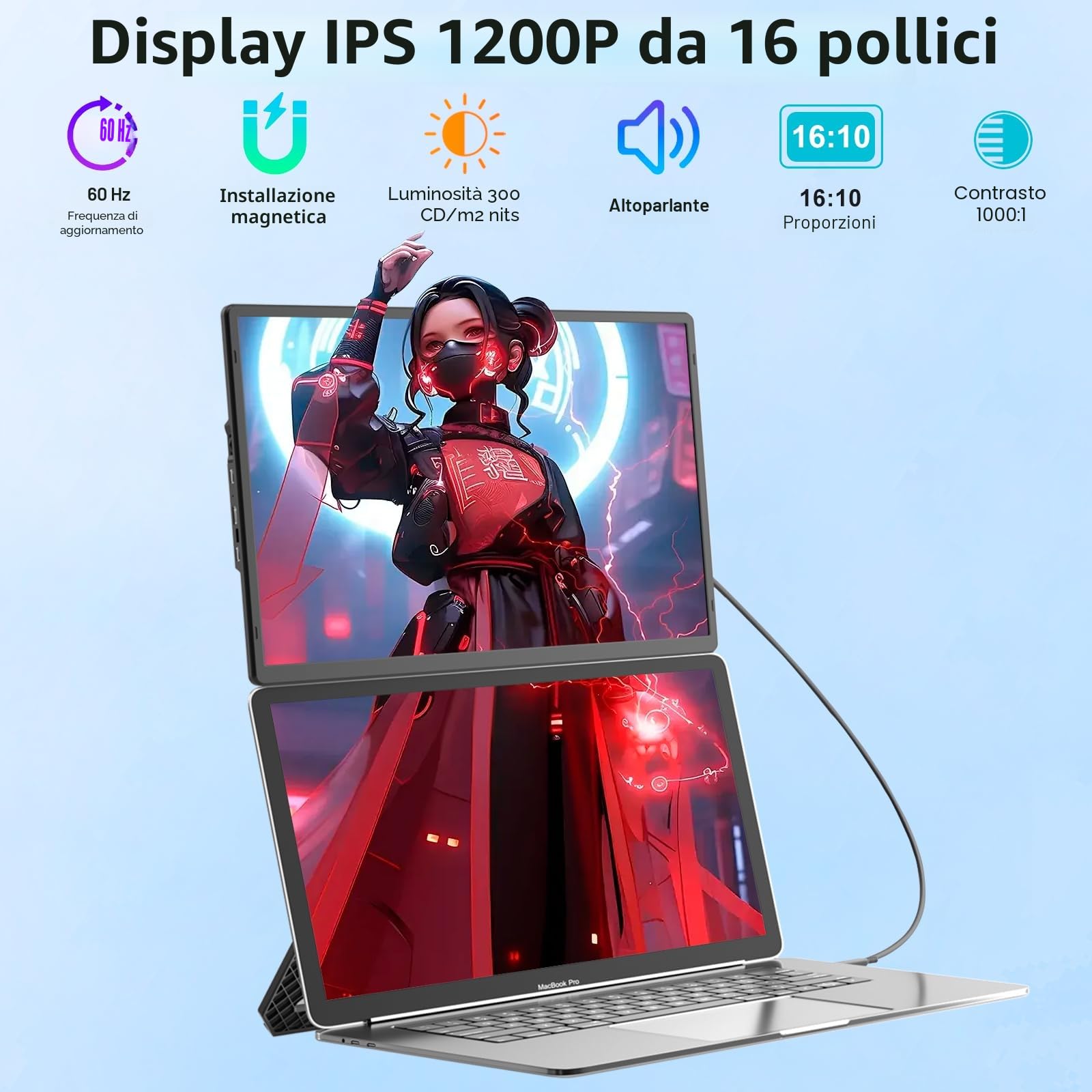 Monitor Portatile per Laptop 16", Schermo Portatile Full HD 1920x1200 IPS 16:10, Doppio Schermo PC Portatile per Laptop 13-17.3", Connettività USB C e HDMI per Windows/Mac/Android/Switch/PS5