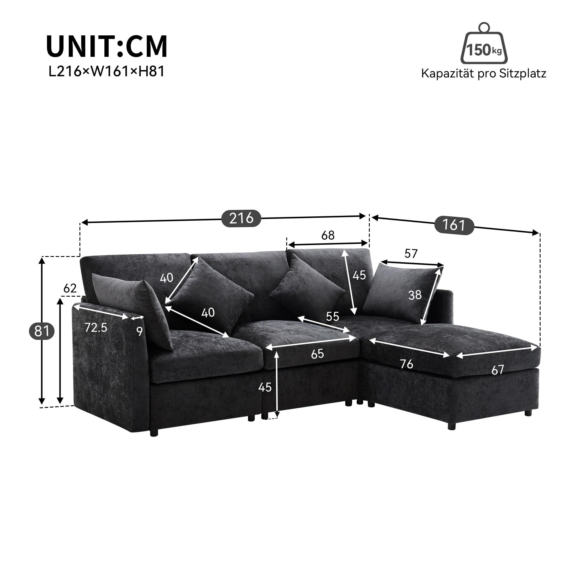 Sofá moderno modular de tela de felpilla, sofá cama de 3 plazas, de 4 plazas, sofá esquinero en forma de L con reposapiés, sofás con chaise longue, 216 x 161 x 81 cm (gris)