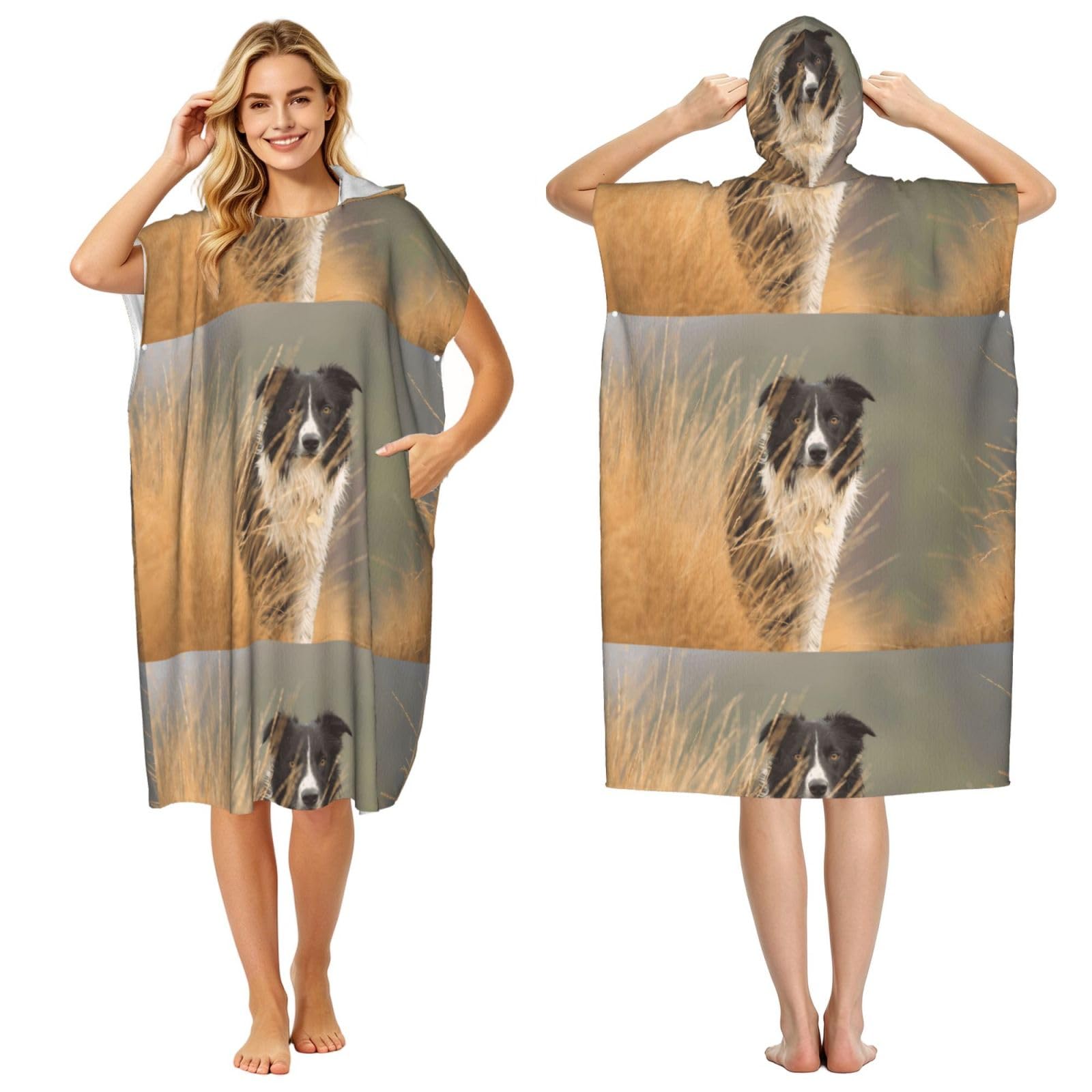 Poadnly Border Collie Lawn Pets Black White Border, Adult Hooded Beach Towel 90 x 110 cm,Changing Bath Robe, Surf Poncho Towel For Women Men