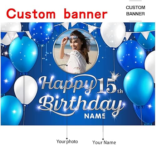 Miniatura 2 de Cartel de decoración de feliz cumpleaños número 15  Cartel personalizado de fiesta de cumpleaños azul marino en tamaños grandes, fotos y nombres