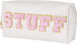 Stuff Bag Preppy Travel Makeup Bag Organizer Patch Large Varsity Stoney Clover Chenille Letter Cosmetic Toiletry Nylon Cute Preppy Bags PU Leather Waterproof Portable Pouch Storage Purse