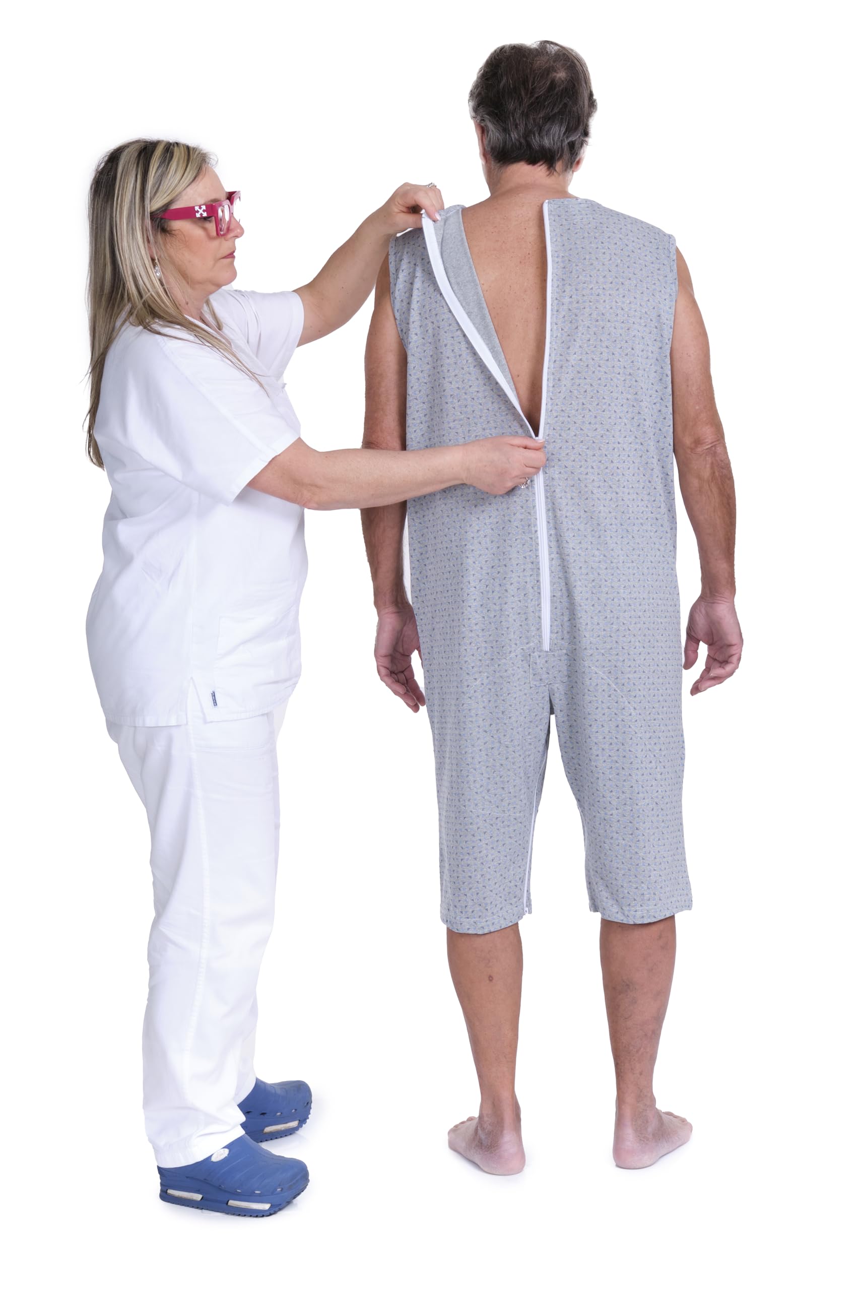 FERRUCCI COMFORT Pijama Tutón Sanitario de Verano Sin Mangas en Algodón - 9008/8 - Apto para Ancianos, Incontinencia, Alzheimer, Pantalón Corto, Fresco, gris, XXL