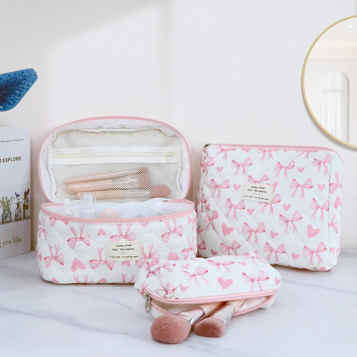 3Pcs Cotton Quilted Makeup Bag Set,Large Floral Cosmetic Bag,Aesthetic Toiletry Travel Makeup Bag Set and Cute Flower Bag for Women Girls (Love Bow) - Image 5