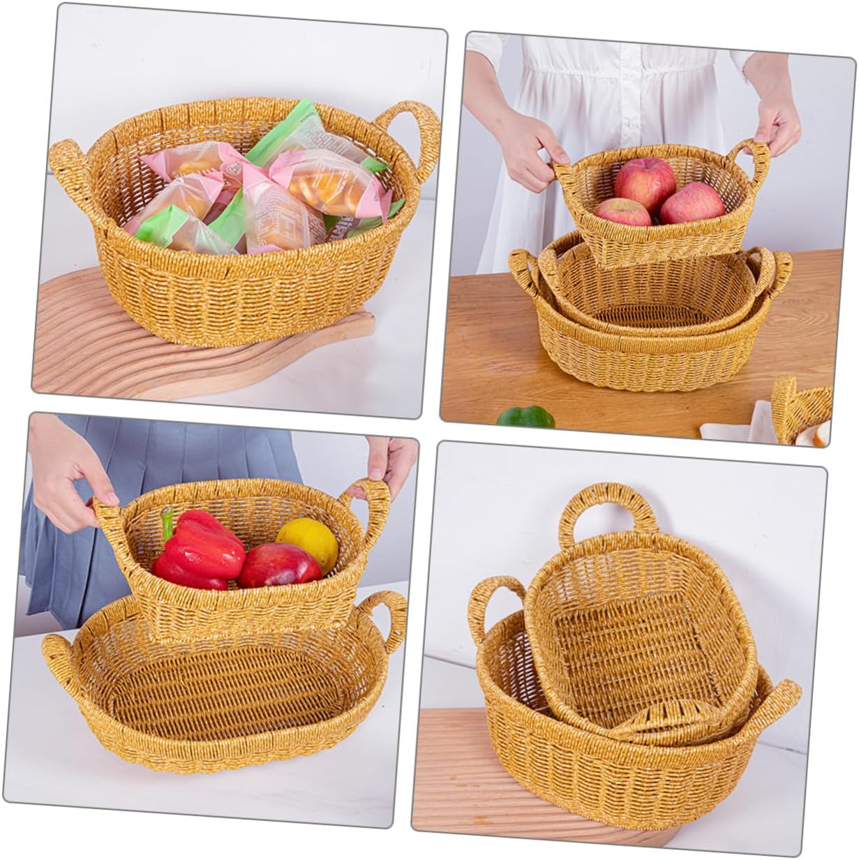 ABOOFAN Simulated Rattan Serving Tray Bread Basket with Dual Handles Large Oval Deep Wicker Fruit Snack Storage Organizer for Kitchen and Outdoor Picnic