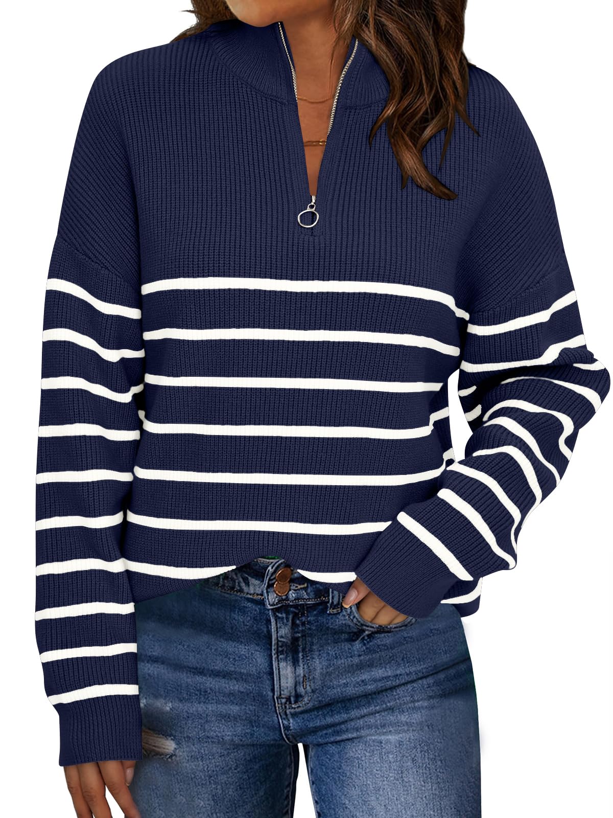 LILLUSORY Women's Quarter Zip Striped Oversized Sweater 2026 Mock Turtleneck Fall Fashion Outfit