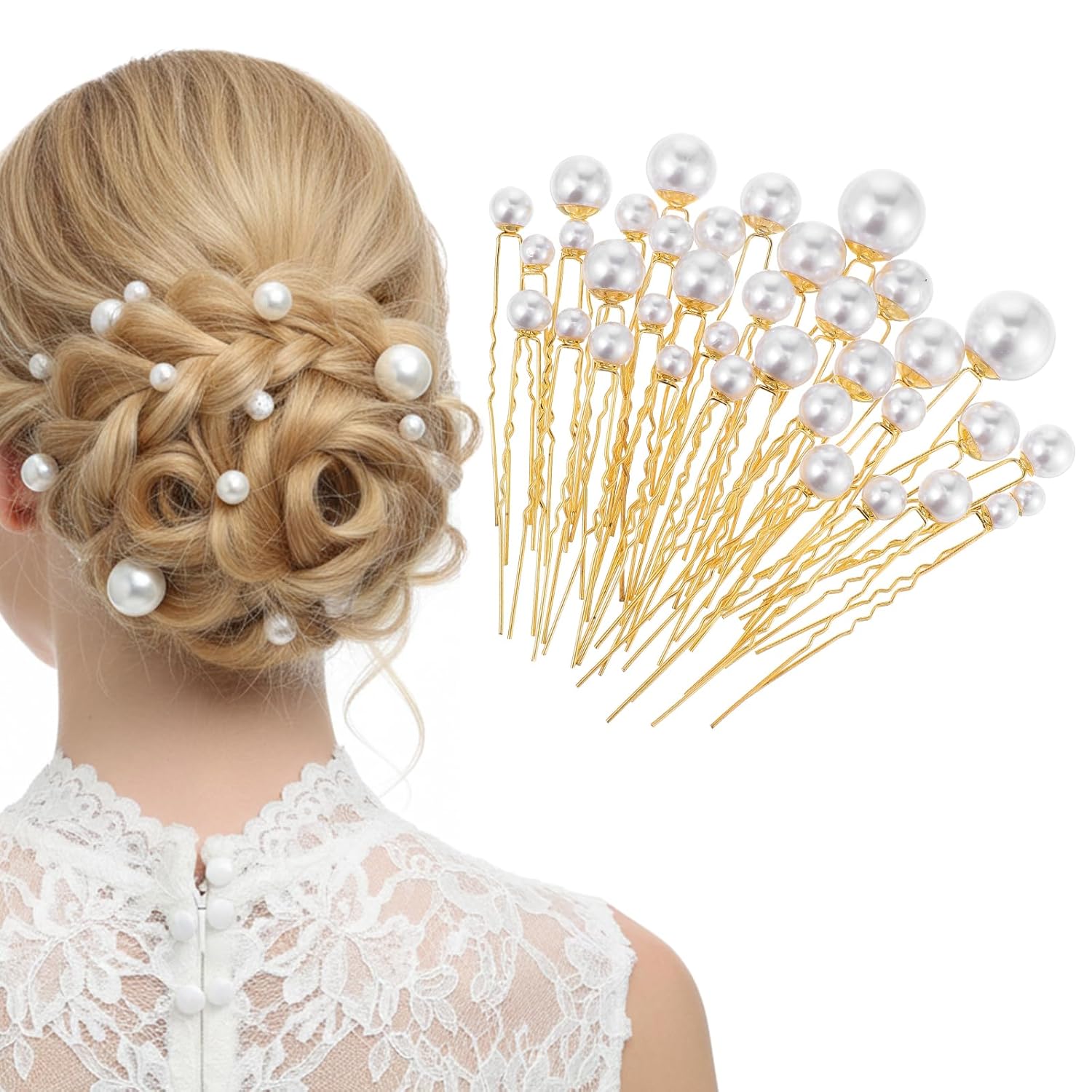 JIEYAO 36 Pcs Wedding Pearl Hair Pins, Pearl Hair Accessories, Bridal Bobby Pins U Shape Pearls Rhinestone Hair Barrette Bridal Hair Clips Decorative for Bride Bridesmaid Women Girls(Gold)