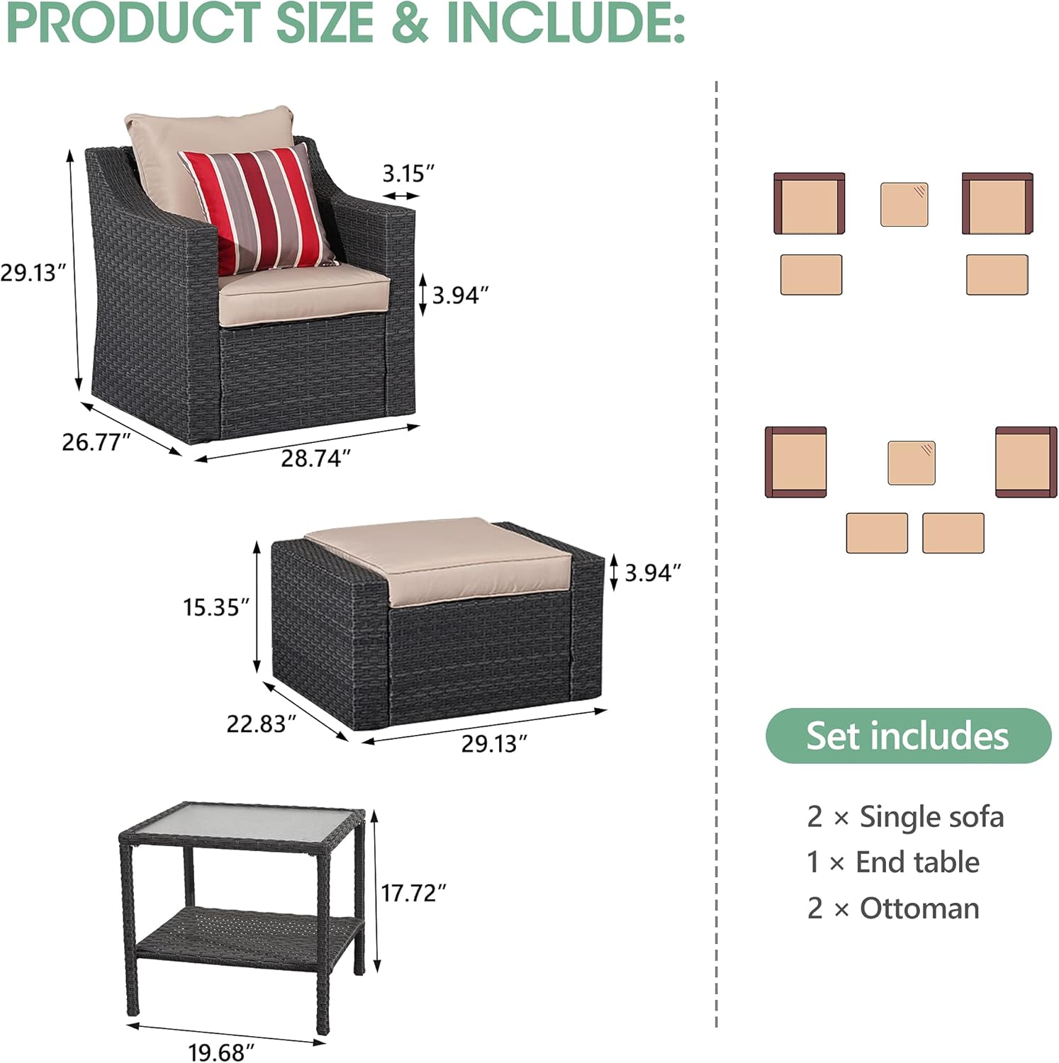 May in Color 5 Pieces Outdoor Patio Furniture Set, All-Weather Patio Conversation Set with Cushion, Wicker Sectional Chair with Coffee Table, for Porch Deck Balcony(Khaki Cushions) : Patio, Lawn & Garden