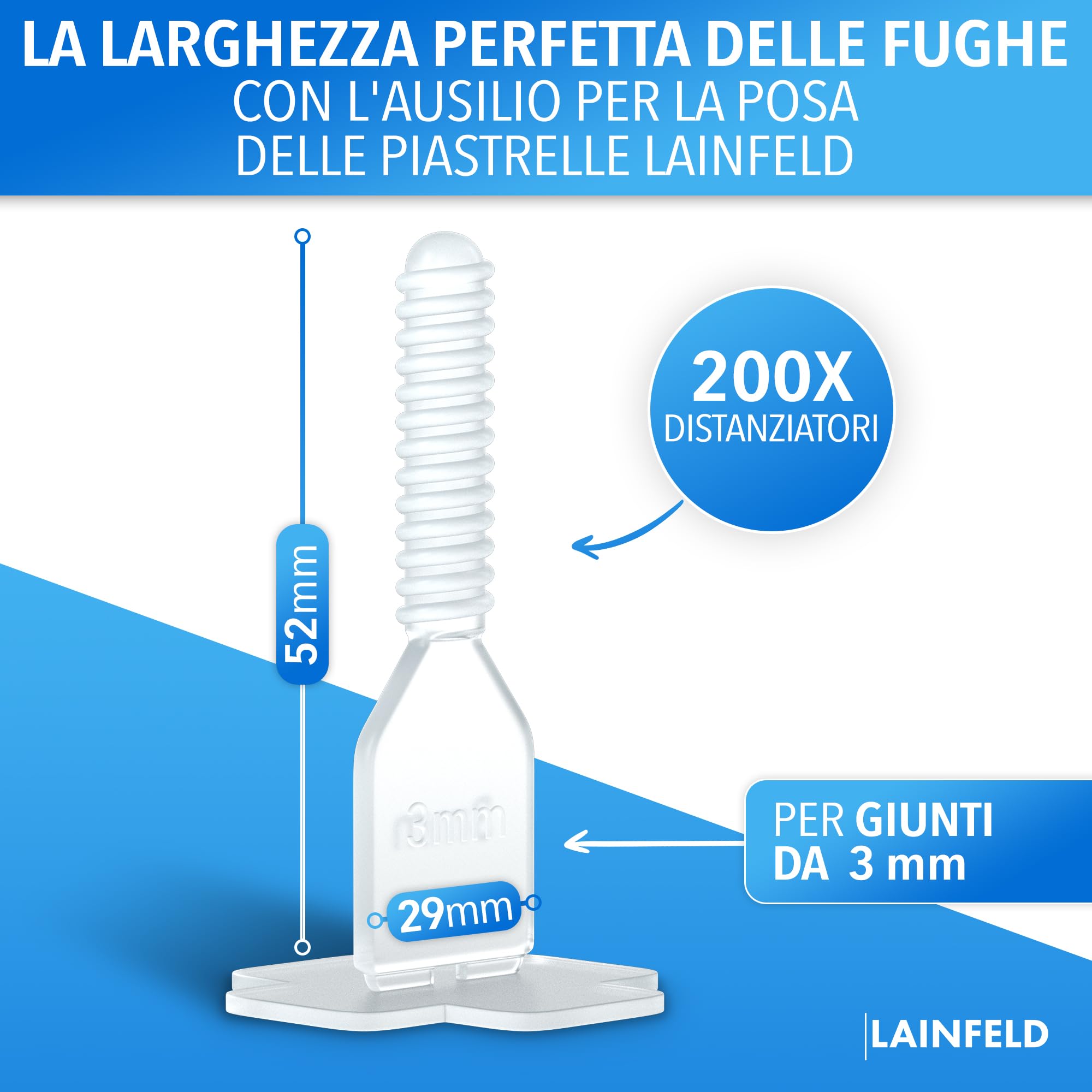 LAINFELD Sistema di livellamento delle piastrelle, larghezza delle fughe di 3 mm, distanziatore per la posa delle piastrelle, strumento per piastrelle a croce 3 mm