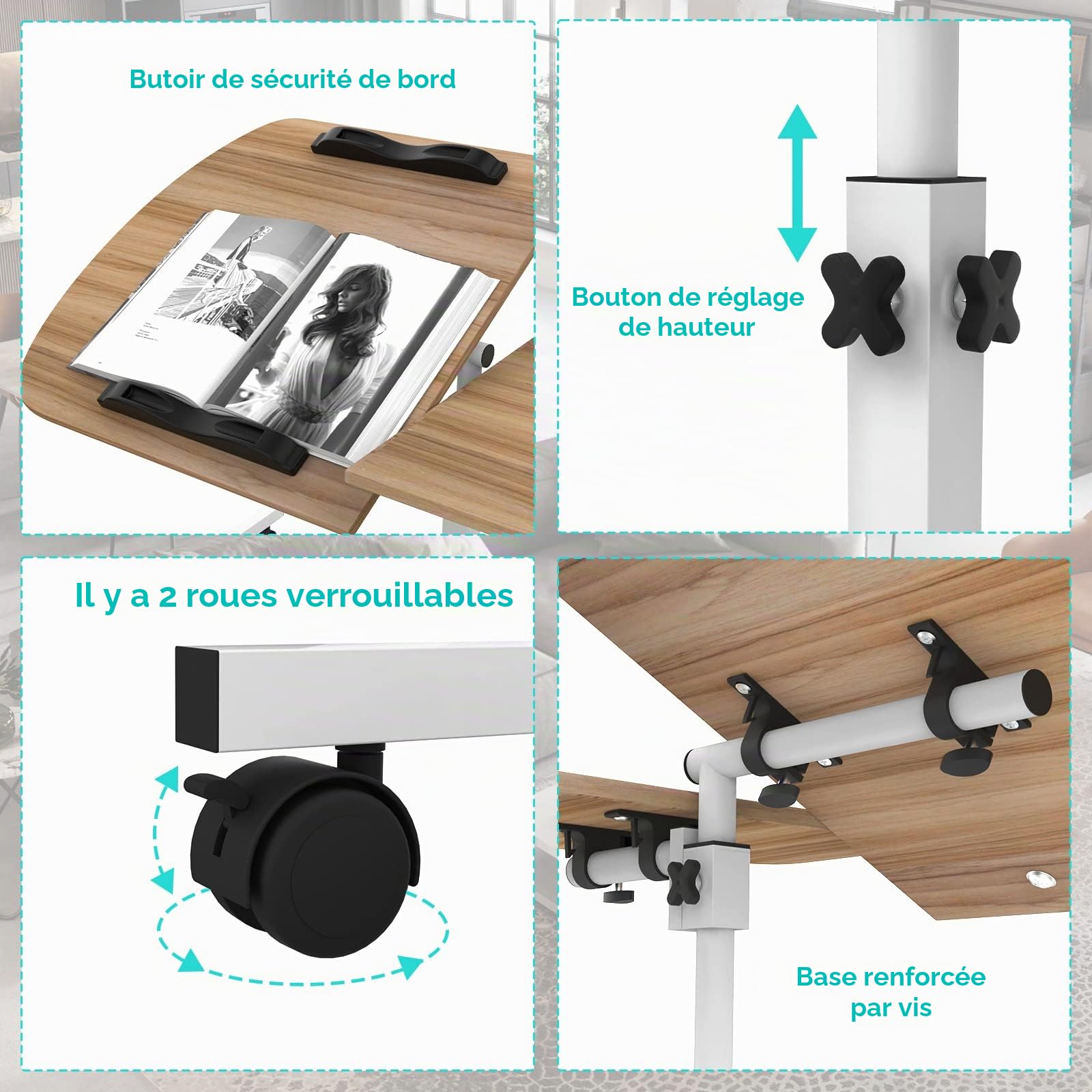 PIPIPOXER 60x40cm Table Roulante pour Lit Canapé avec Bandes Antidérapantes, Bureau Mobile Réglable en Hauteur 61-95cm, Bureau Informatique 4 Roulante Verrouillable, Table Roulante pour Chambre,Bois