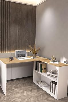 L Desk Computer Desk Cabinet Bookcase Oak White
