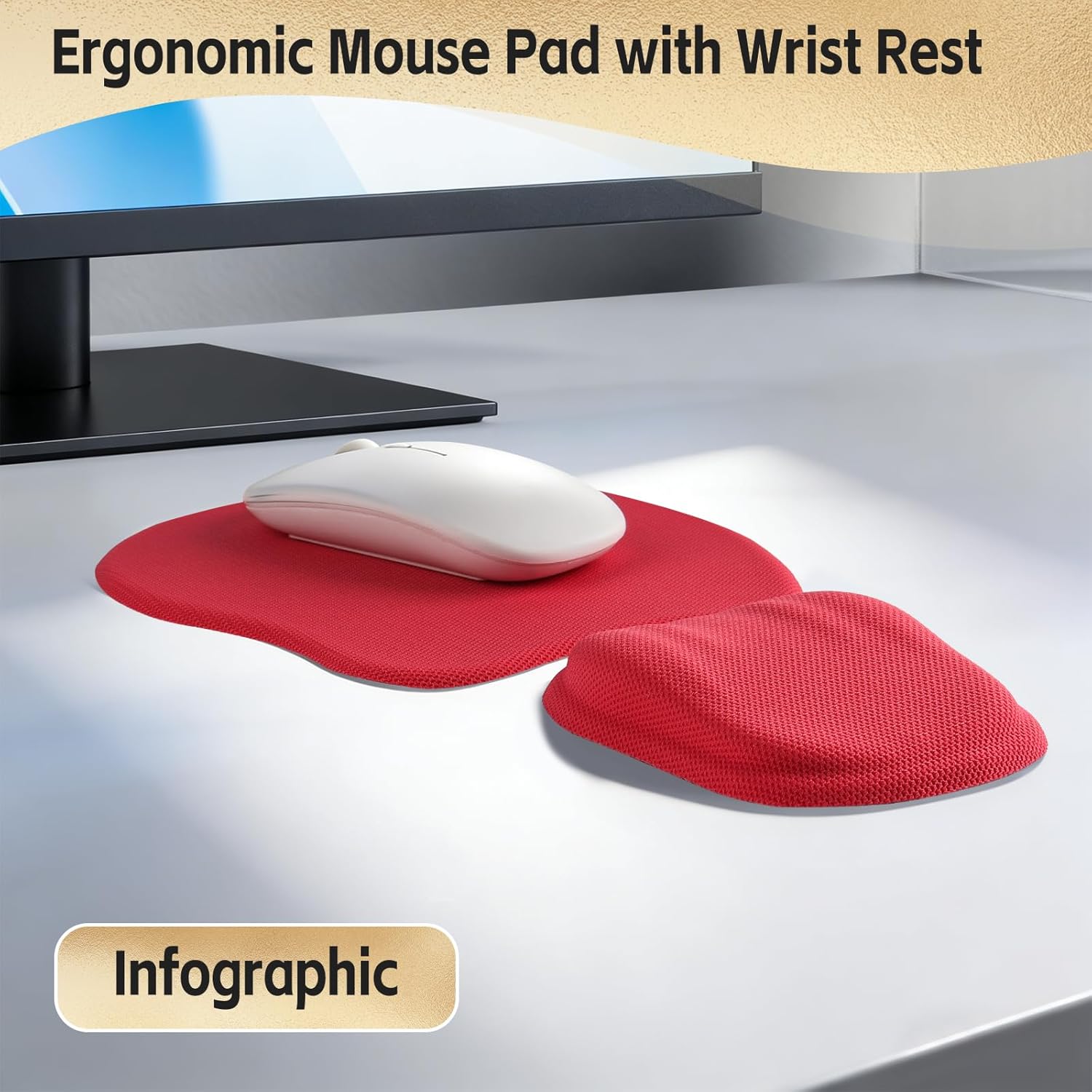 Ergonomic Mouse Pad with Wrist Support, Memory Foam Wrist Rest & Mouse Pad Set, Relieves Wrist Pressure for Comfortable Office & Gaming Use (Crimson Red) - Image 2