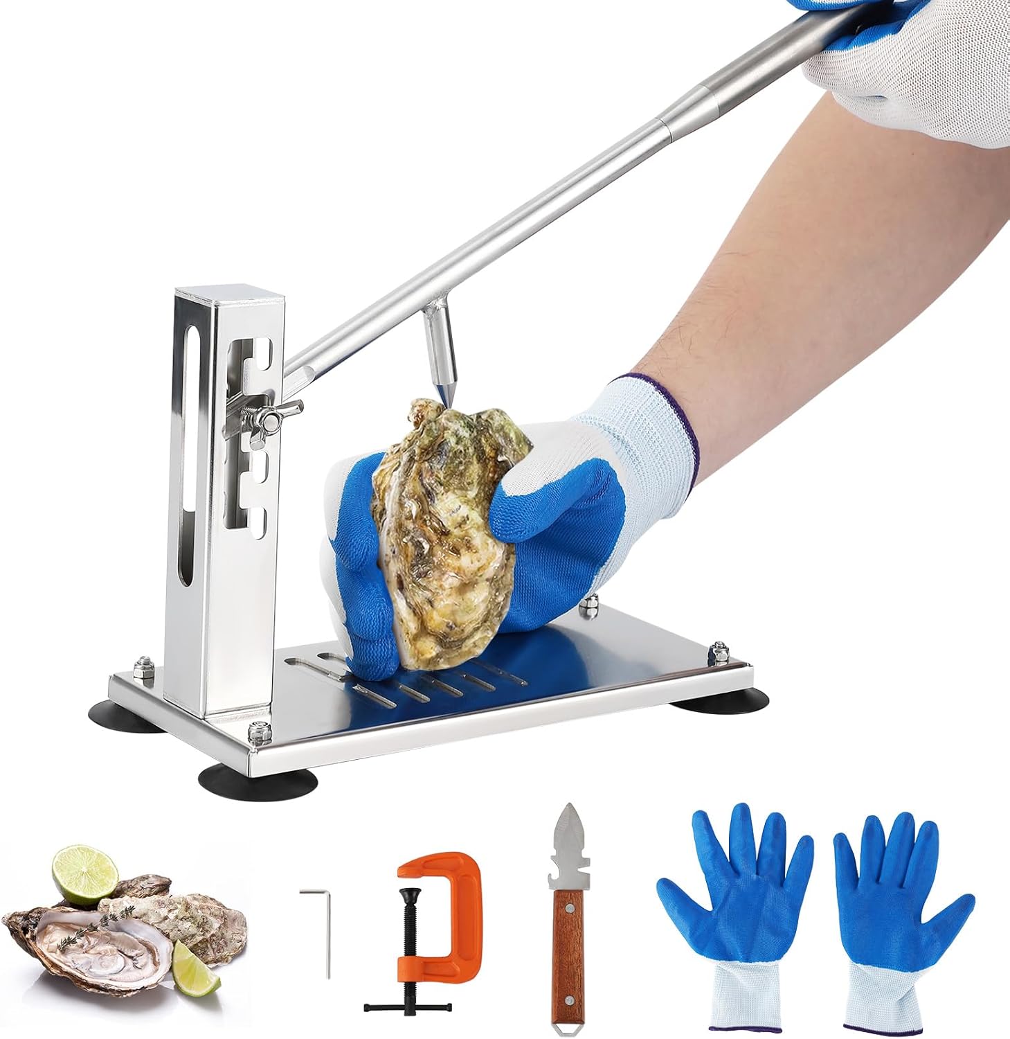GarveeTech Stainless Steel Shucker Machine, Adjustable 4-Level Height with G-Clamp & Gloves, Base for Easy Safe Opening Tool Set