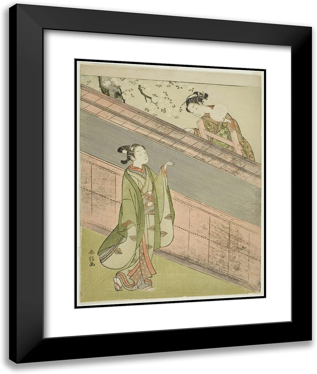 ArtDirect Suzuki Harunobu 20x24 Black Modern Framed and Double Matted Art Print Titled A Young Woman Returning a Ball to a Young Man